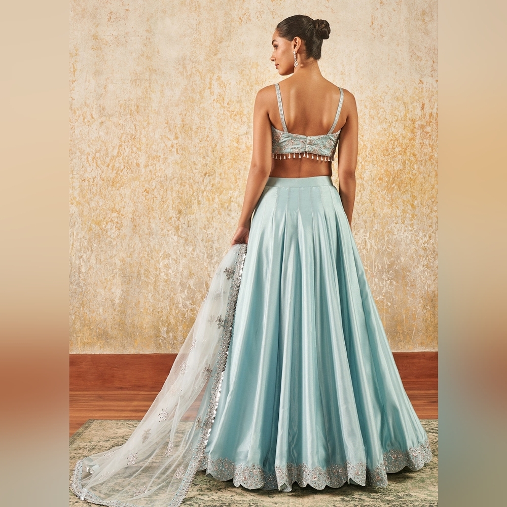 Elegant Ice Blue Embroidered Lehenga Skirt Set - Picture 3 of 14